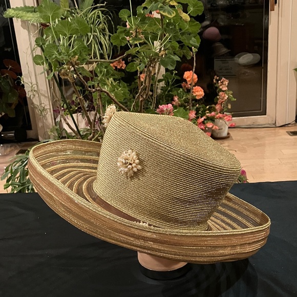 Elegant Metallic Gold Women's Hat with Pearl Floral Accents - Picture 5 of 5